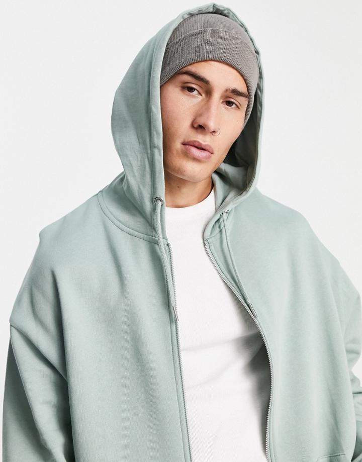 Asos Design Organic Blend Oversized Zip Up Hoodie In Green