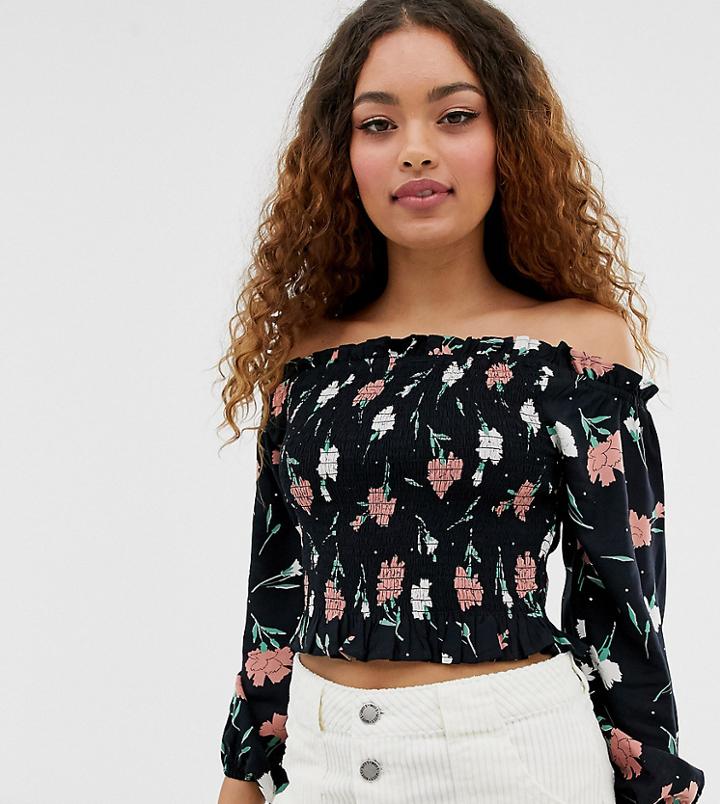 Miss Selfridge Petite Bardot Top With Shirred Detail In Black - Black