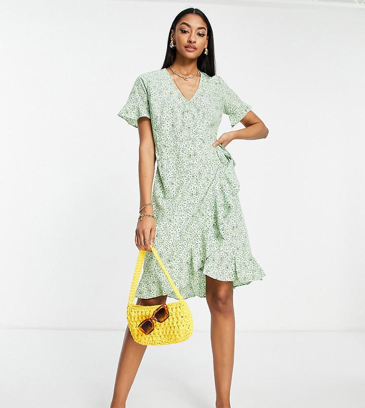 Vero Moda Tall Wrap Front Mini Tea Dress In Green Floral