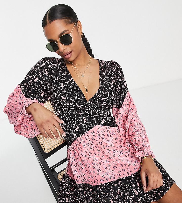 Topshop Petite Mix And Match Floral Print Tie Back Mini Tea Dress In Pink And Black-multi