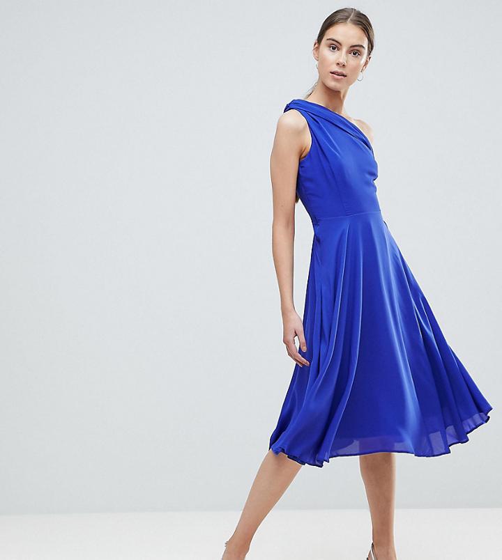 John Zack Tall Drapey One Shoulder Midi Dress-blue