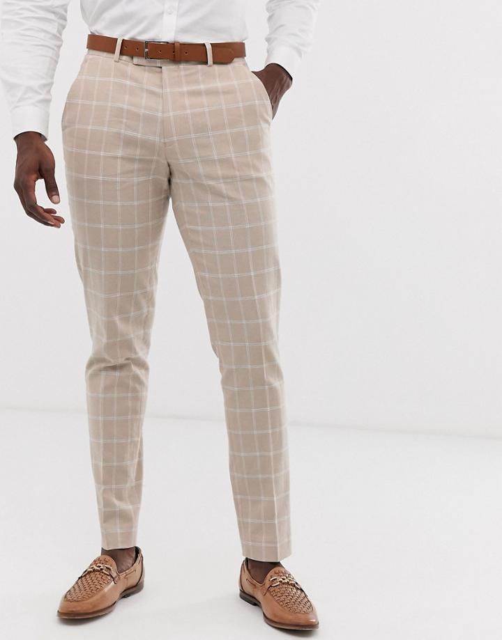 Asos Design Wedding Skinny Suit Pants In Camel Linen Windowpane Check-beige