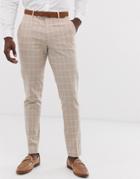 Asos Design Wedding Skinny Suit Pants In Camel Linen Windowpane Check-beige