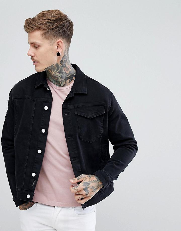 Religion Black Denim Jacket With Distressing - Black
