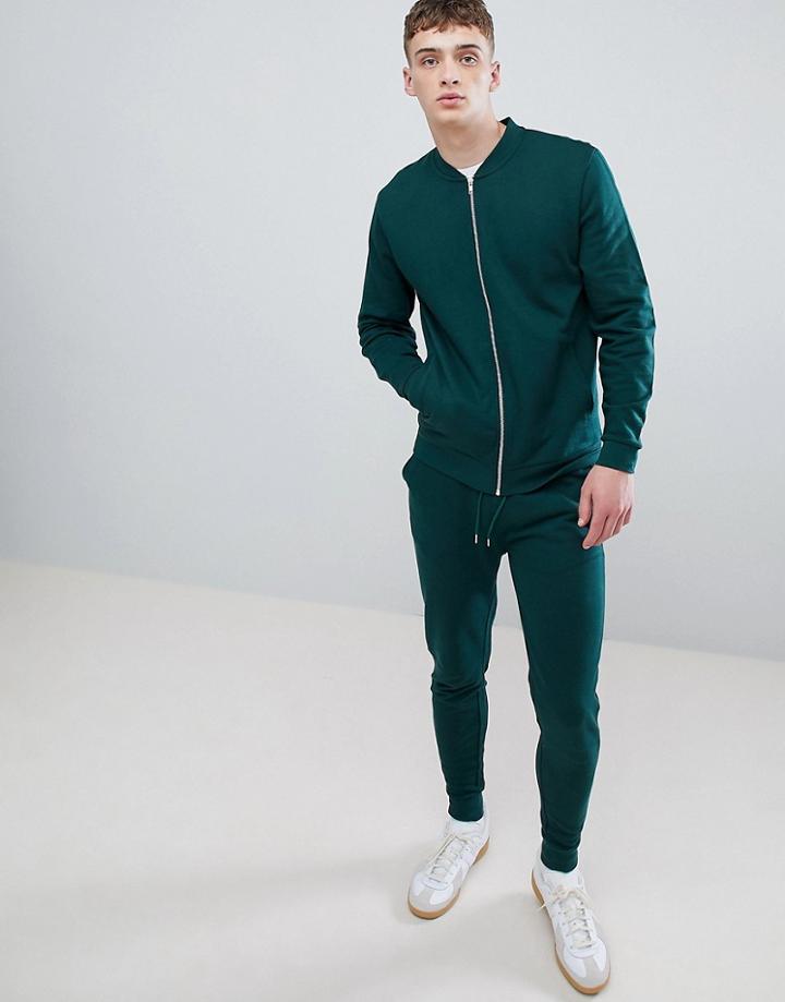 Asos Design Tracksuit Bomber Jacket/skinny Joggers In Green - Green