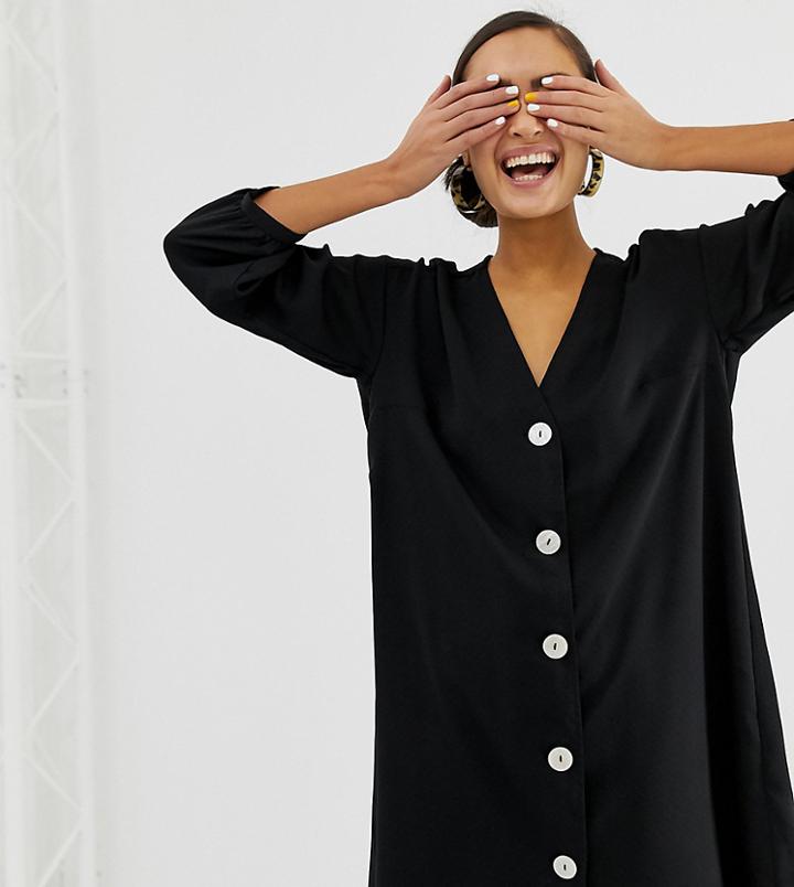 Monki V-neck Mini Dress With Contrast Buttons In Black