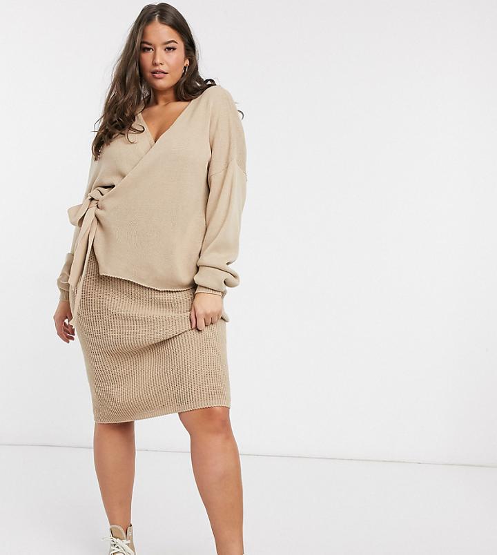 In The Style Plus X Lorna Luxe Knitted Wrap-detail Top In Stone-neutral