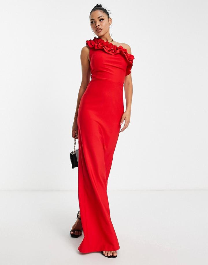Trendyol Ruffled One Shoulder Maxi Dress In Red