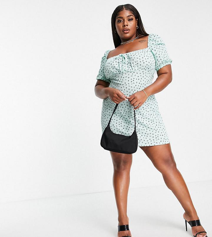 I Saw It First Plus Puff Sleeve Tie Front Tea Dress In Green Ditsy Print-pink