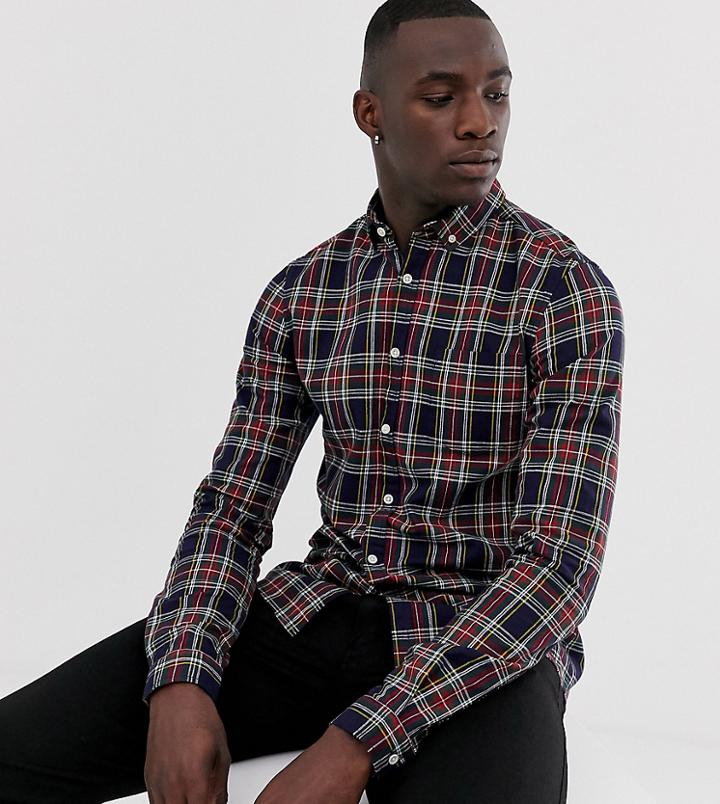 Asos Design Tall Slim Fit Plaid Check Shirt-navy