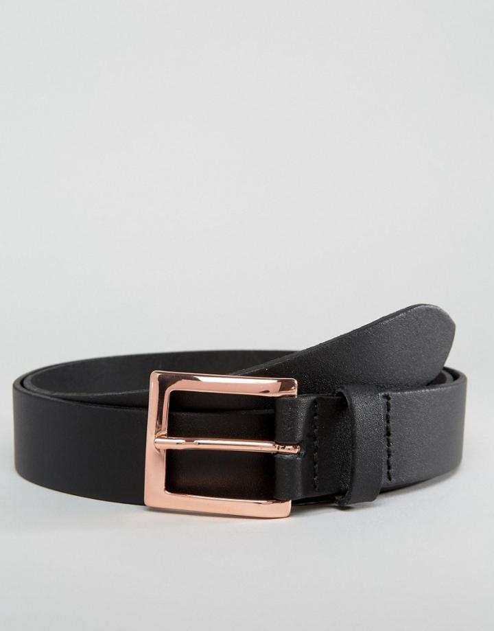 Asos Smart Leather Belt With Rose Gold Buckle - Black