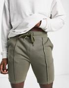 Asos Design Jersey Skinny Shorts With Pin Tucks In Khaki-green