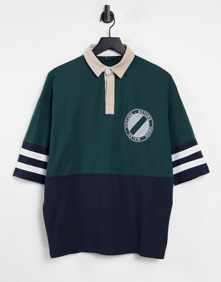 Asos Design Oversized Polo T-shirt In Green With Color Block And Chest Print