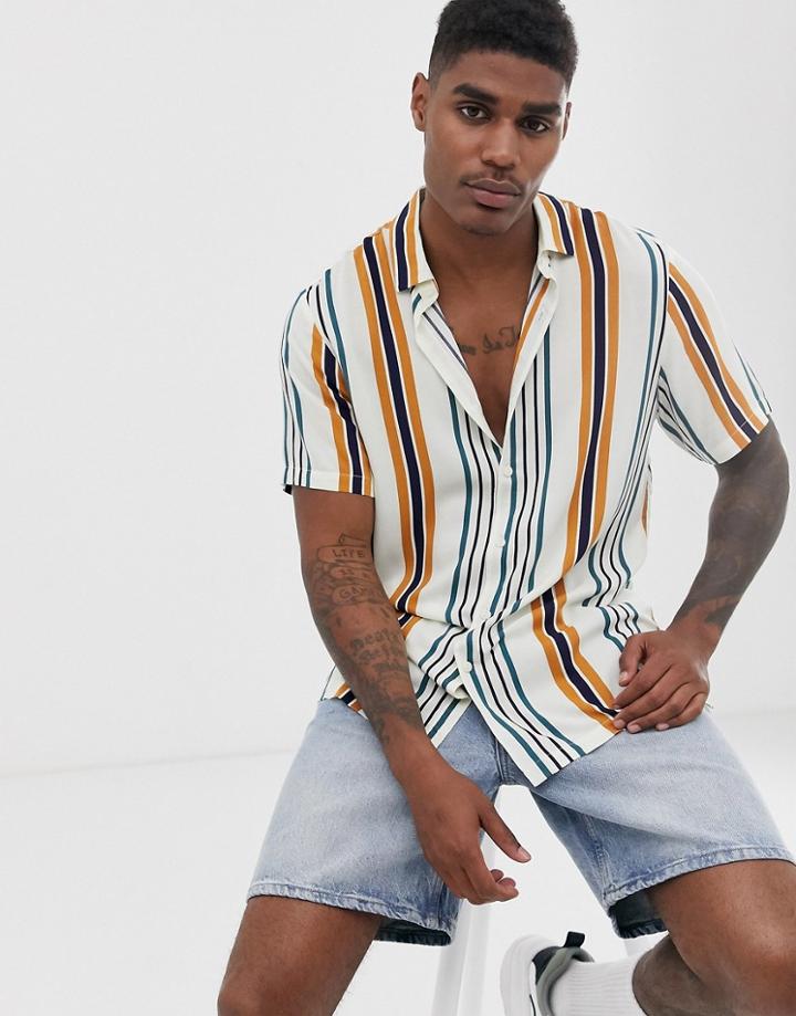 Asos Design Relaxed Fit Stripe Shirt In Cream