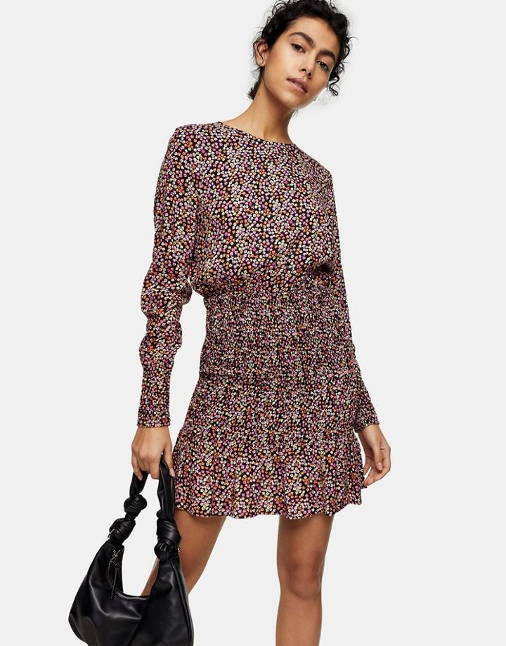 Topshop Shirred Mini Dress In Multi Floral Print