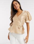 Vero Moda Wrap Blouse With Puff Sleeves In Beige-neutral
