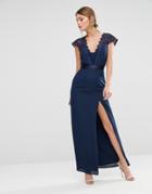 Elise Ryan Scallop Lace Maxi Dress With Thigh Split - Navy