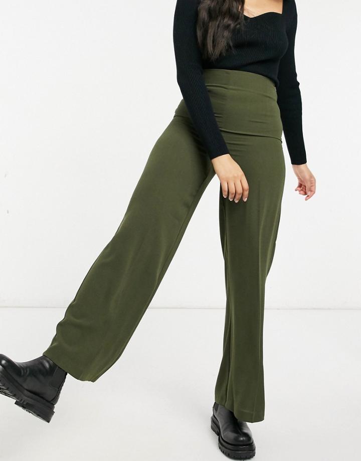 Asos Design Wide Leg Pants With Clean High Waist In Khaki-green