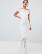 City Goddess Bardot Lace Fishtail Maxi Dress - White
