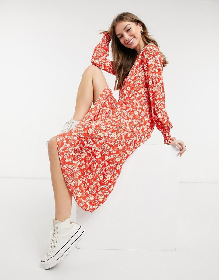 Only Lalina Long Sleeve Woven Midi Dress In Grenadine Red