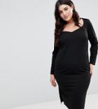 Asos Curve Midi V Neck Pencil Dress With Long Sleeves - Black