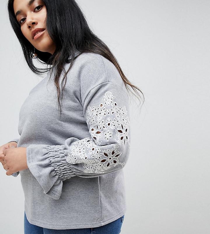 Lost Ink Plus Sweat With Balloon Sleeves In Broderie - Gray