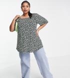 Yours Square Neck Puff Sleeve Top In Green Ditsy Floral
