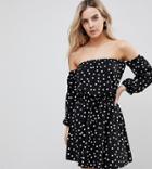 Asos Petite Bardot Long Sleeve Skater Dress In Polka Dot - Multi