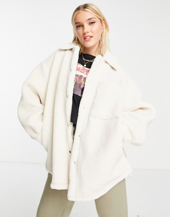 Topshop Oversized Fleece Shacket In Cream-white