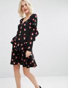 Asos Long Sleeve Tea Dress With V Neck And Ruffle Tiered Hem In Heart Print - Multi