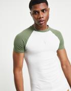 Asos Design Muscle Fit T-shirt In Cream With Khaki Contrast Raglan Sleeves-white
