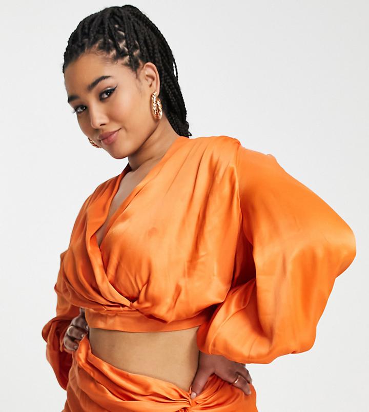 Asos Edition Curve Satin Drape Blouson Sleeve Top With Open Back In Spicy Orange