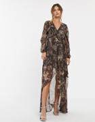 Asos Design Wrap Maxi Dress With Tie Detail And Drape Sleeve In Brown Print And Embellished Clusters