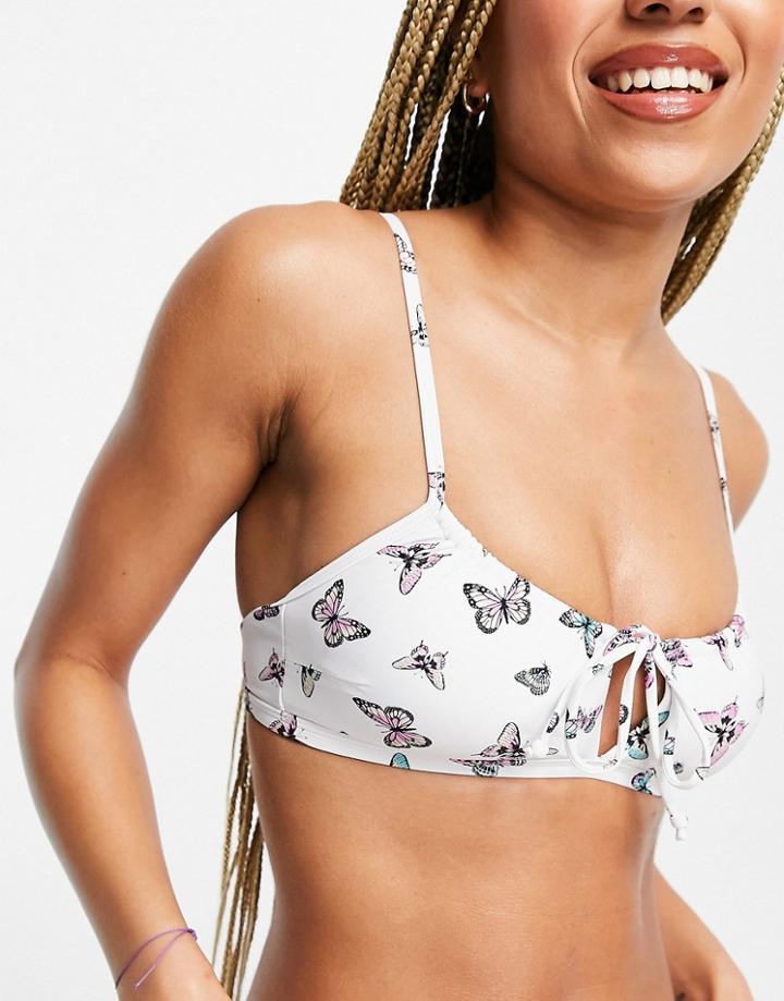 New Look Cut Out Ruched Detail Bikini Top In Butterfly Print-blues