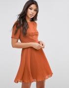 Asos Lace And Pleat Skater Mini Dress - Brown