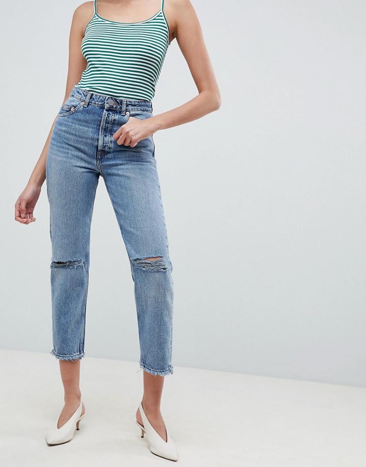 Asos Design Recycled Florence Authentic Straight Leg Jeans In Spring Light Stone Wash With Rips - Blue