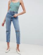 Asos Design Recycled Florence Authentic Straight Leg Jeans In Spring Light Stone Wash With Rips - Blue