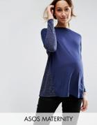 Asos Maternity Long Sleeve Top In Linen Mix - Navy