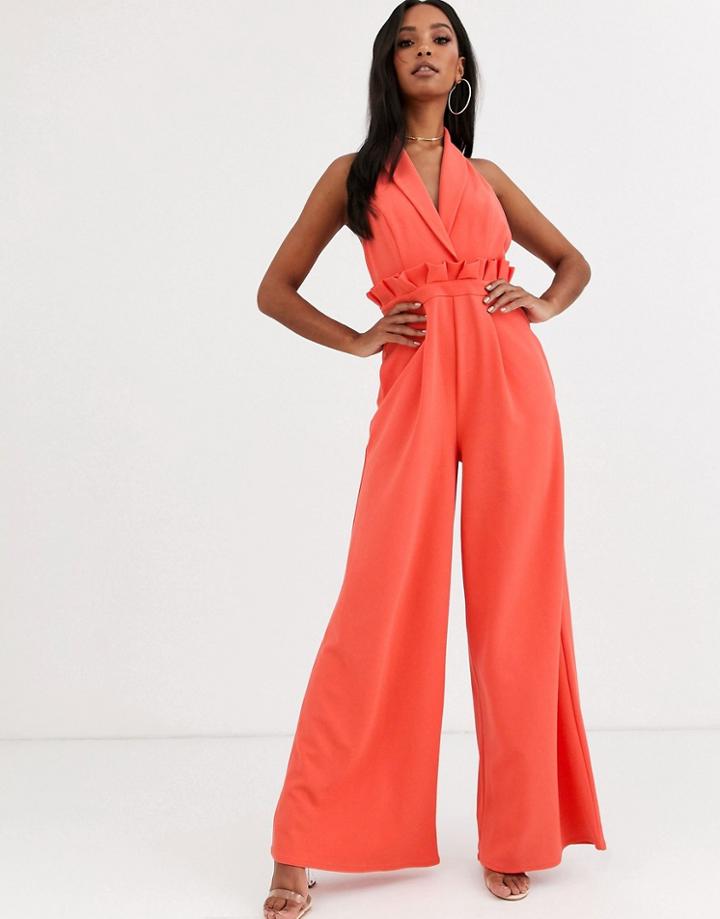 Asos Design Plunge Jumpsuit With Paperbag Waist Detail-pink