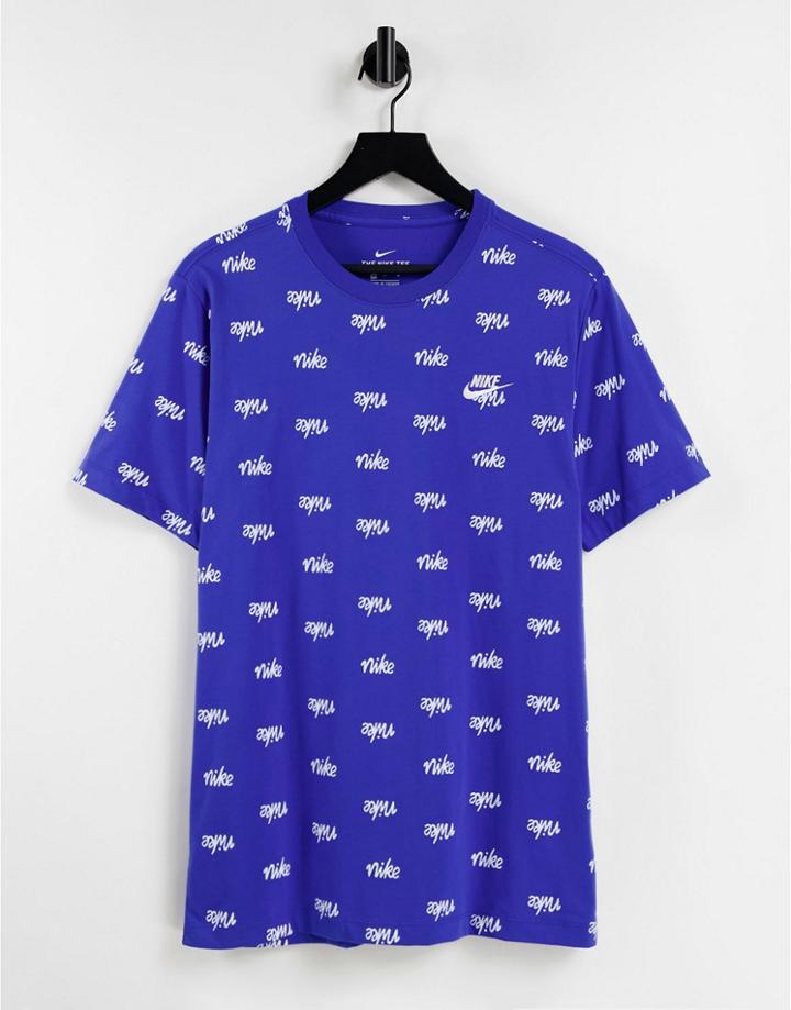 Nike Club All Over Logo Print T-shirt In Blue-blues