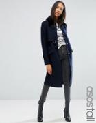 Asos Tall Coat With Faux Fur Collar And Belt In Wool Mix - Navy