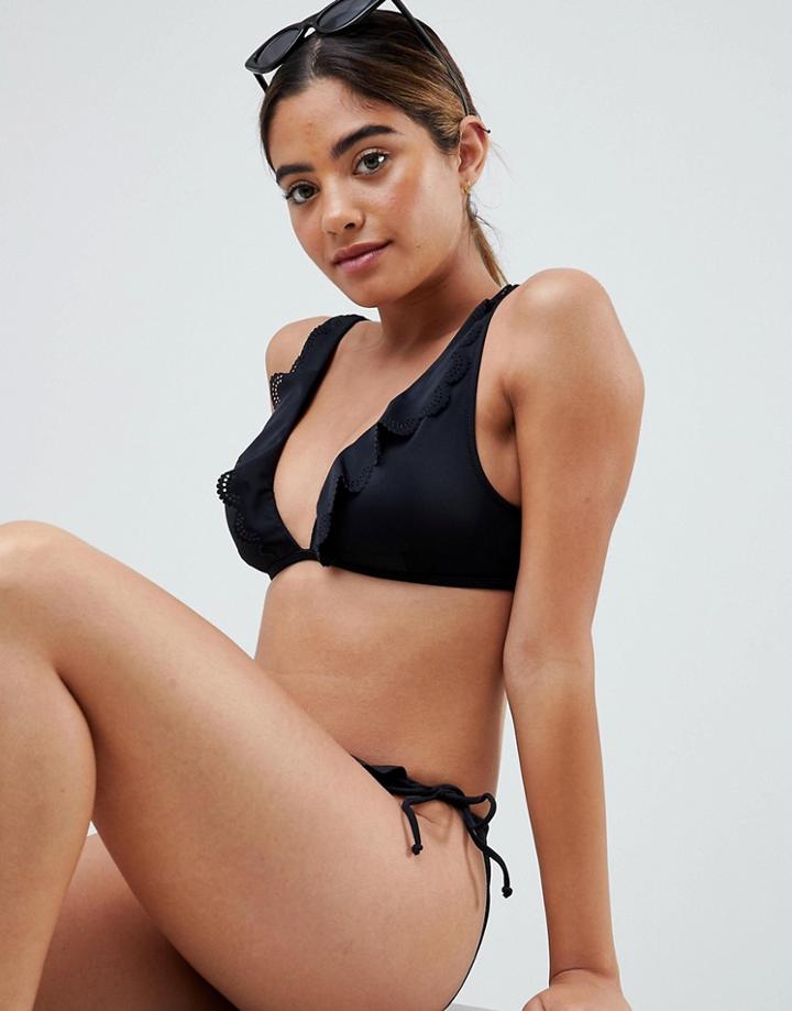 Lipsy Off Shoulder Bikini Top With Frill Cutwork Detail - Black