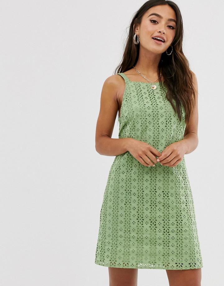 Asos Design Buckle Back Mini Sundress In Broderie-green