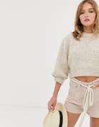 Asos Design Chunky Cropped Sweater With Puff Sleeve-beige