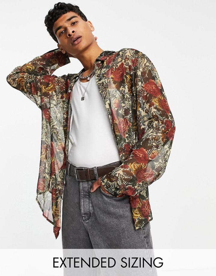 Asos Design Sheer Vintage Style Floral Shirt In Beige-neutral