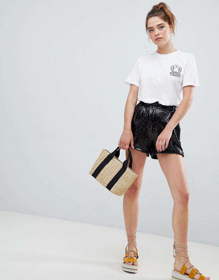 Bershka Sequin Shorts In Black - Blue