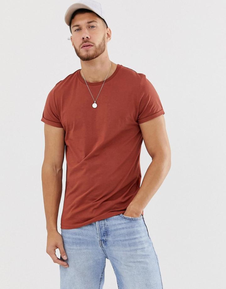 Asos Design Crew Neck T-shirt With Roll Sleeve In Brown - Brown