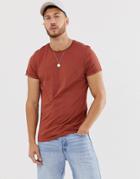Asos Design Crew Neck T-shirt With Roll Sleeve In Brown - Brown