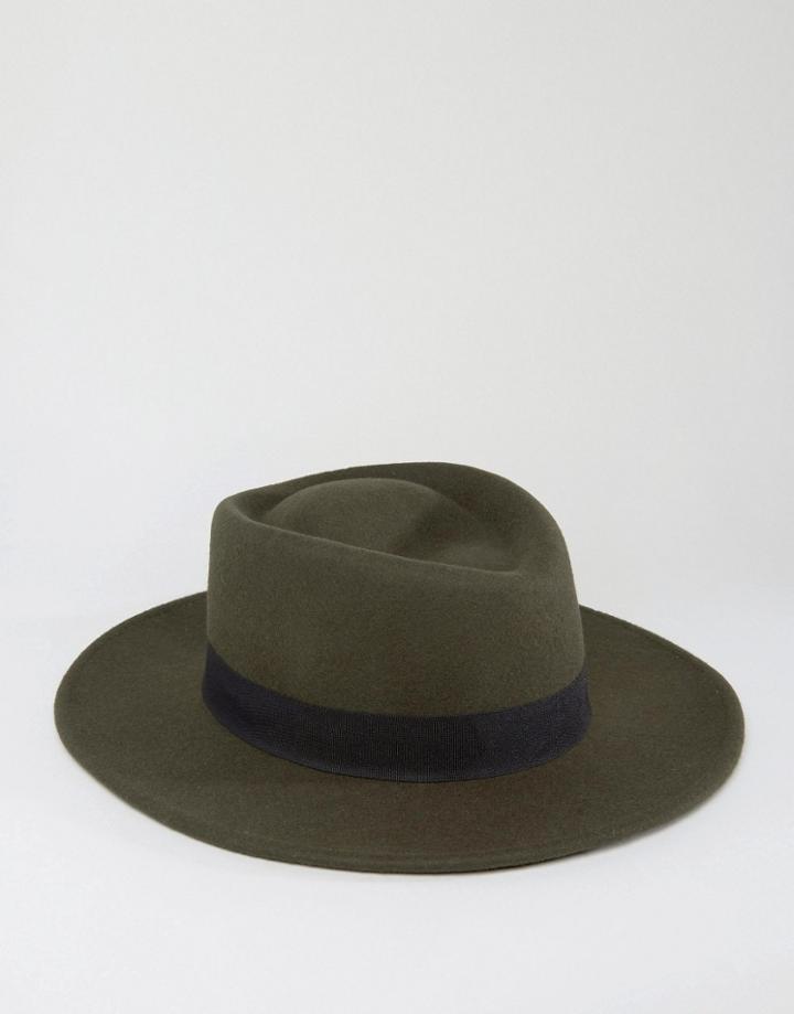 Asos Wide Brim Pork Pie Hat In Khaki - Green