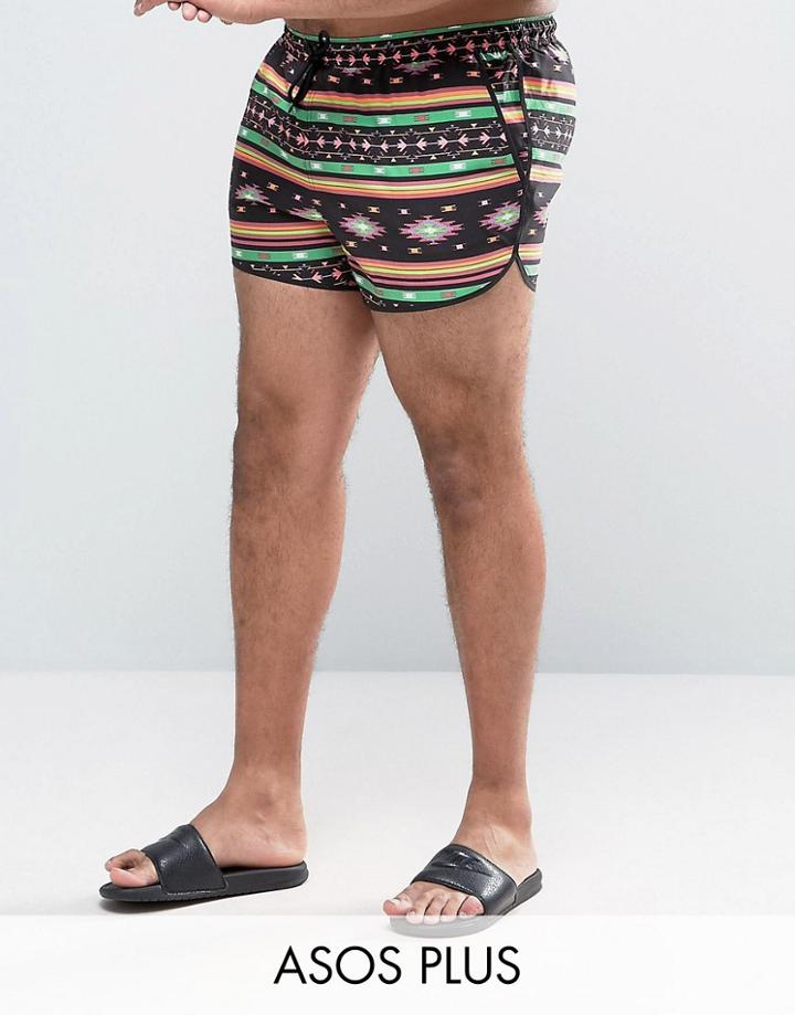 Asos Plus Runner Swim Shorts With Bright Geo-tribal Print In Short Length - Multi